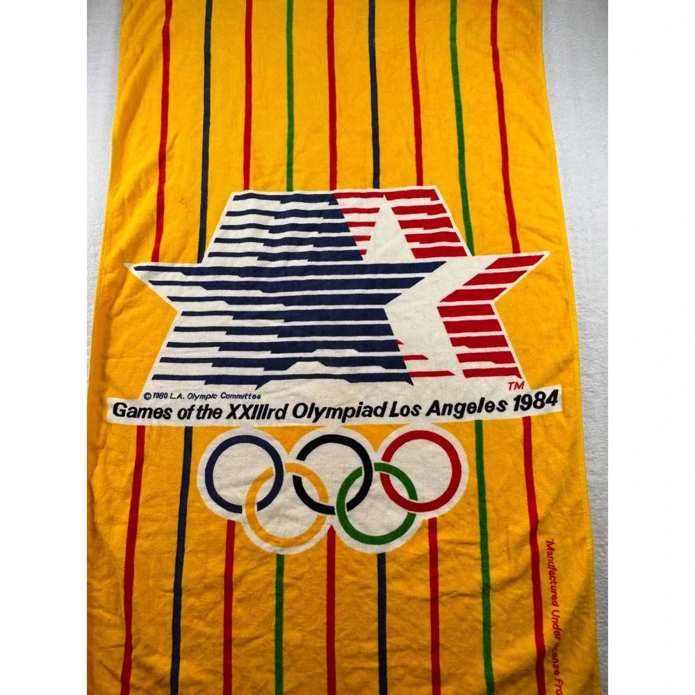 Vintage 1984 Los Angeles Olympics Beach Towel Franco Yellow Star in Motion Logo